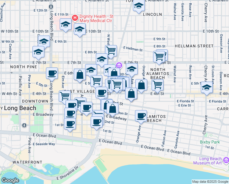 map of restaurants, bars, coffee shops, grocery stores, and more near 438 Zona Court in Long Beach
