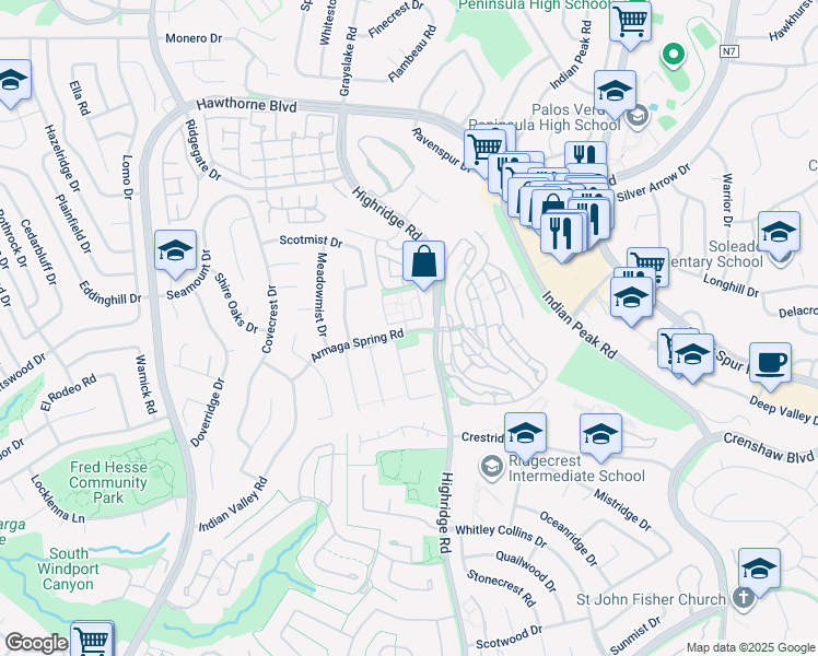 map of restaurants, bars, coffee shops, grocery stores, and more near 5945 Ayde Lane in Rancho Palos Verdes
