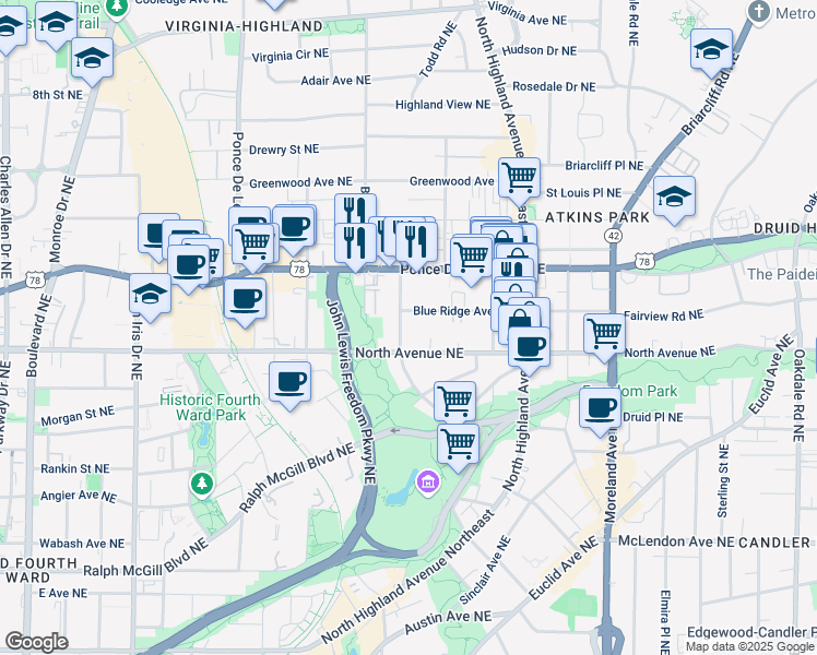map of restaurants, bars, coffee shops, grocery stores, and more near 637 Linwood Avenue Northeast in Atlanta