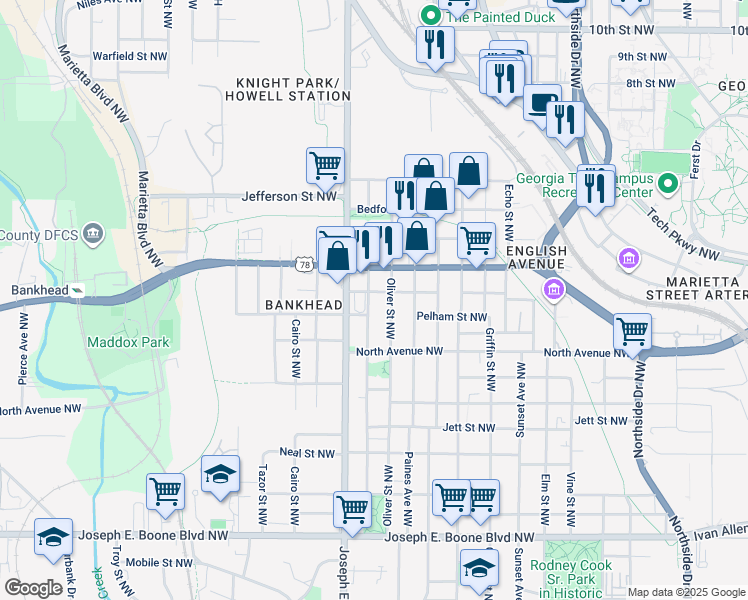 map of restaurants, bars, coffee shops, grocery stores, and more near 851 Fox Street Northwest in Atlanta