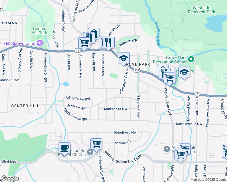 map of restaurants, bars, coffee shops, grocery stores, and more near 1925 Maywood Place Northwest in Atlanta