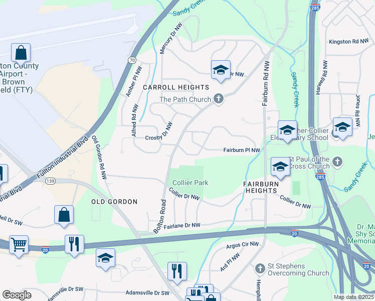 map of restaurants, bars, coffee shops, grocery stores, and more near 3593 Adkins Road Northwest in Atlanta