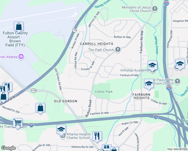 map of restaurants, bars, coffee shops, grocery stores, and more near 3649 Adkins Road Northwest in Atlanta