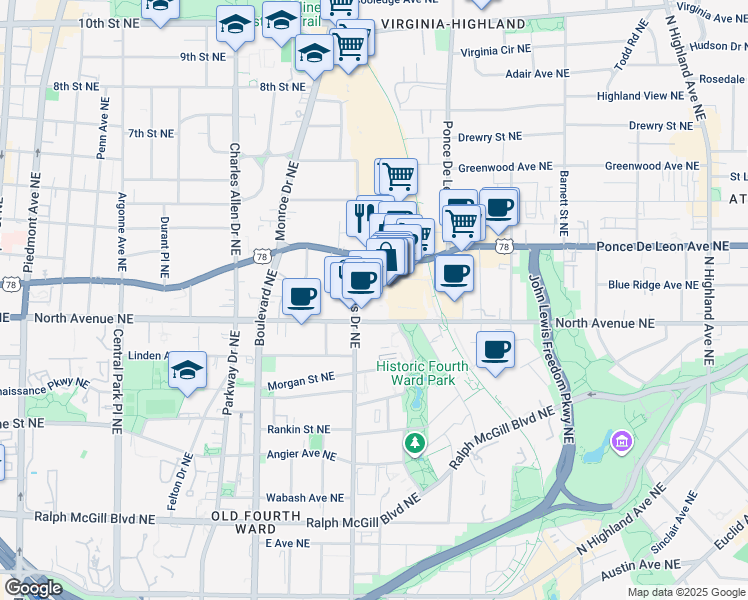 map of restaurants, bars, coffee shops, grocery stores, and more near 675 Ponce De Leon Avenue Northeast in Atlanta
