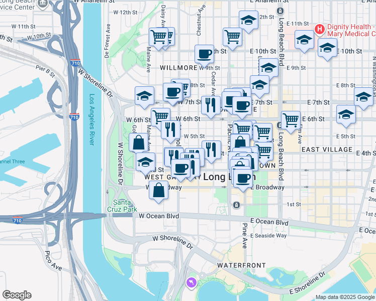 map of restaurants, bars, coffee shops, grocery stores, and more near 445 Chestnut Avenue in Long Beach