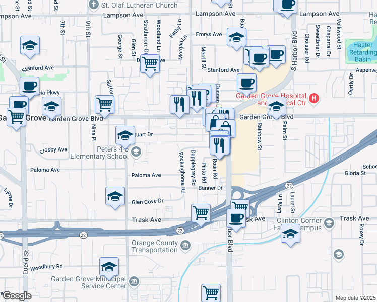map of restaurants, bars, coffee shops, grocery stores, and more near 11792 Percheron Road in Garden Grove