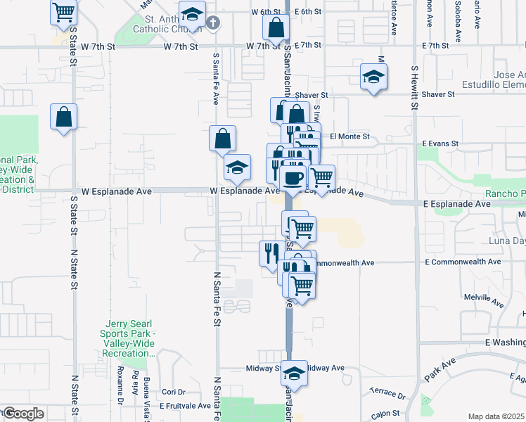 map of restaurants, bars, coffee shops, grocery stores, and more near 1600 South San Jacinto Avenue in San Jacinto