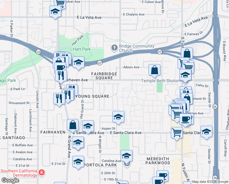 map of restaurants, bars, coffee shops, grocery stores, and more near 2633 Park Lake in Santa Ana