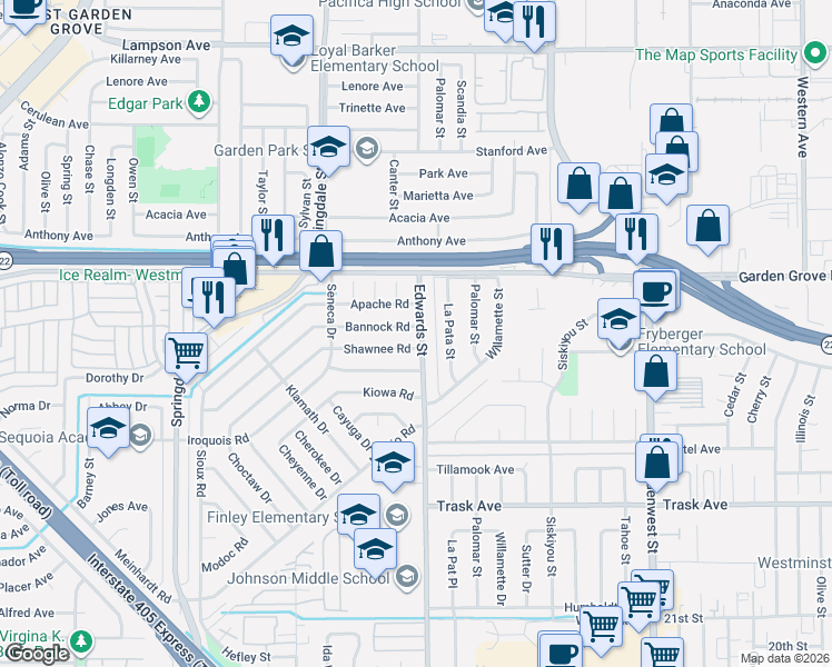 map of restaurants, bars, coffee shops, grocery stores, and more near 6452 Apache Road in Westminster