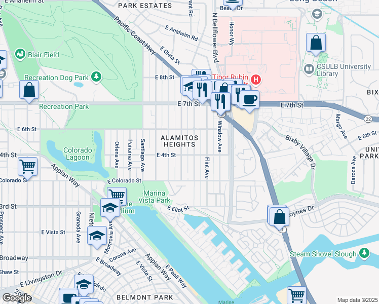map of restaurants, bars, coffee shops, grocery stores, and more near 434 Los Altos Avenue in Long Beach
