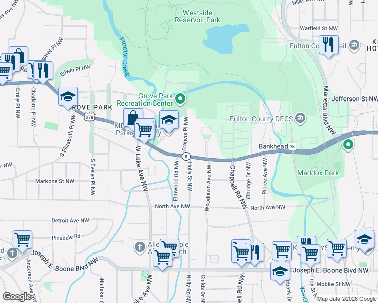 map of restaurants, bars, coffee shops, grocery stores, and more near 647 Francis Place Northwest in Atlanta