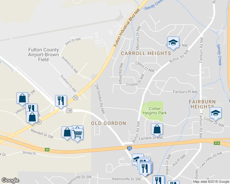 map of restaurants, bars, coffee shops, grocery stores, and more near 3850 Crosby Drive Northwest in Atlanta
