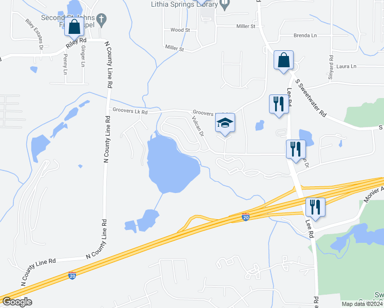 map of restaurants, bars, coffee shops, grocery stores, and more near 1221 Matt Moore Court in Lithia Springs