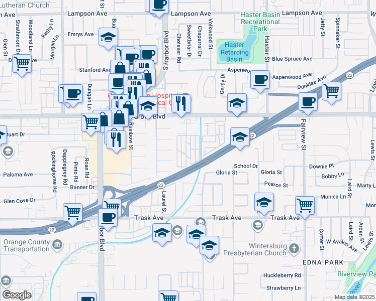 map of restaurants, bars, coffee shops, grocery stores, and more near 13096 Blackbird Street in Garden Grove