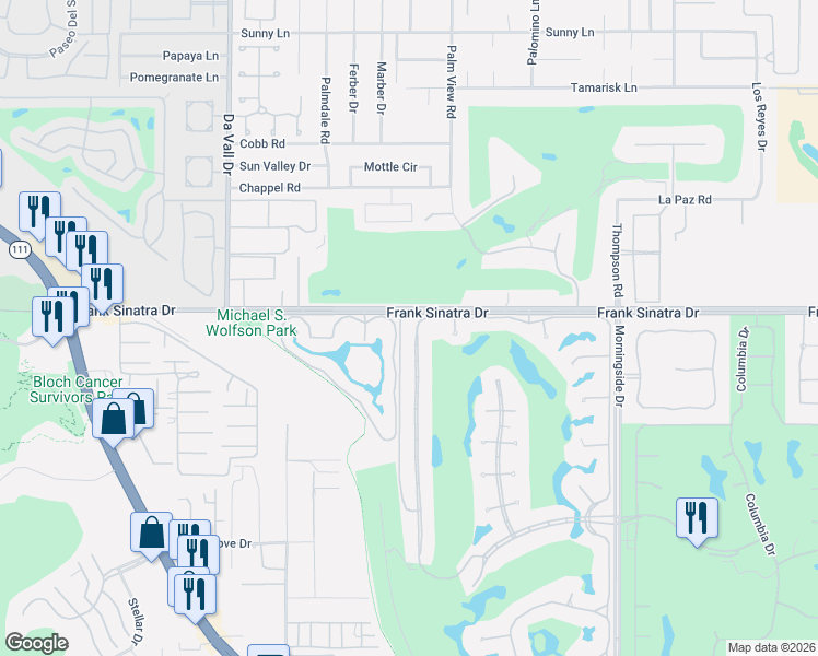 map of restaurants, bars, coffee shops, grocery stores, and more near 30 Mayfair Drive in Rancho Mirage