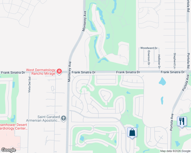 map of restaurants, bars, coffee shops, grocery stores, and more near 73257 Desert Greens Drive West in Palm Desert