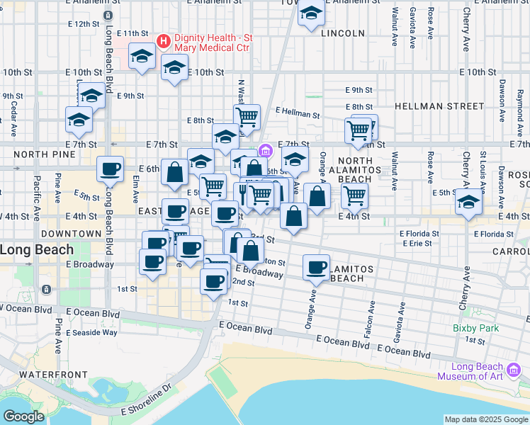 map of restaurants, bars, coffee shops, grocery stores, and more near 438 Zona Court in Long Beach