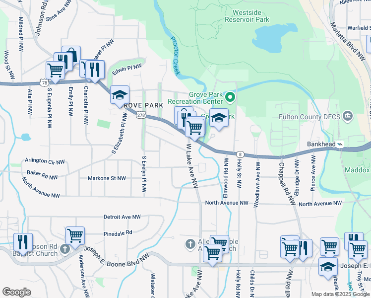 map of restaurants, bars, coffee shops, grocery stores, and more near 602 West Lake Avenue Northwest in Atlanta