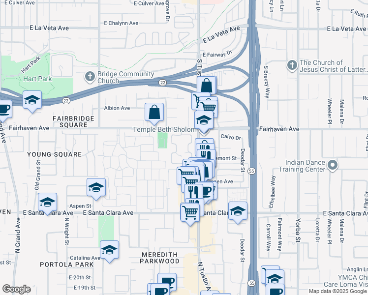 map of restaurants, bars, coffee shops, grocery stores, and more near 2604 North Tustin Avenue in Santa Ana