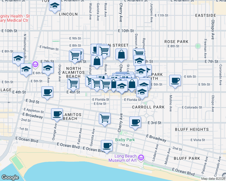 map of restaurants, bars, coffee shops, grocery stores, and more near 426 Rose Place in Long Beach
