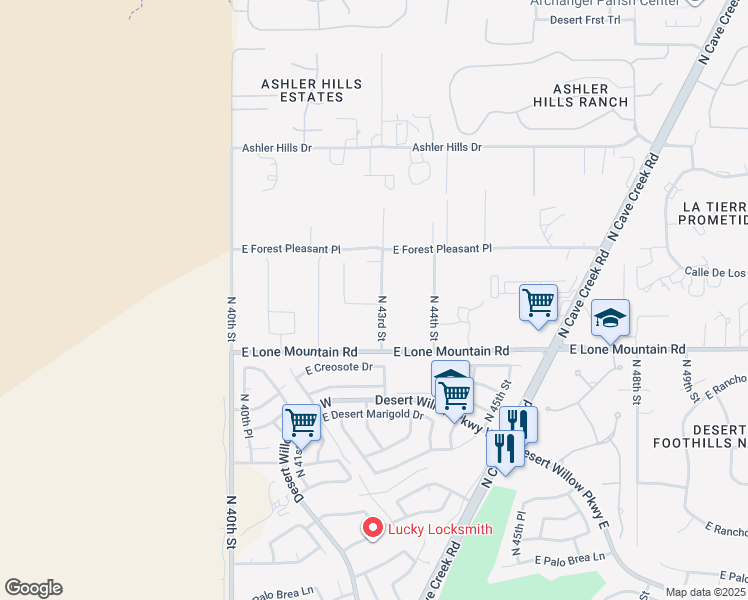 map of restaurants, bars, coffee shops, grocery stores, and more near 4237 East Forest Pleasant Place in Cave Creek