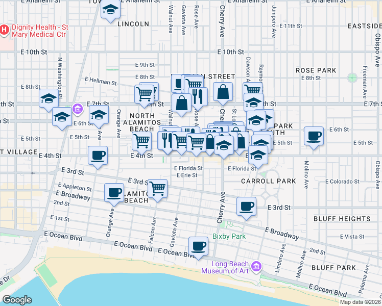 map of restaurants, bars, coffee shops, grocery stores, and more near 1731 East 4th Street in Long Beach