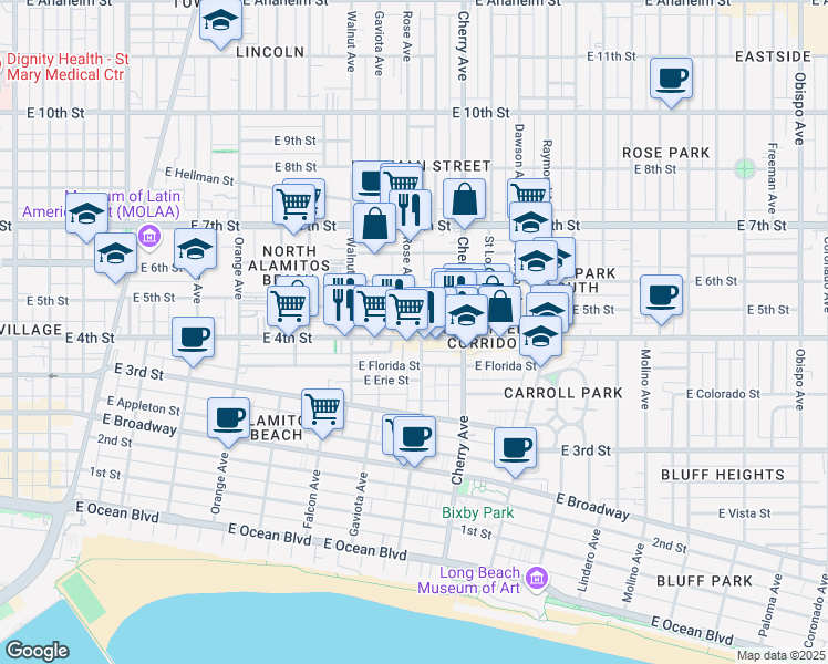 map of restaurants, bars, coffee shops, grocery stores, and more near 1809 East 4th Street in Long Beach