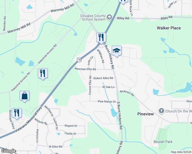 map of restaurants, bars, coffee shops, grocery stores, and more near 4123 Newman Ellis Road in Douglasville