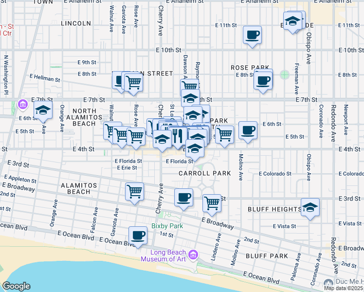 map of restaurants, bars, coffee shops, grocery stores, and more near 445 Dawson Avenue in Long Beach
