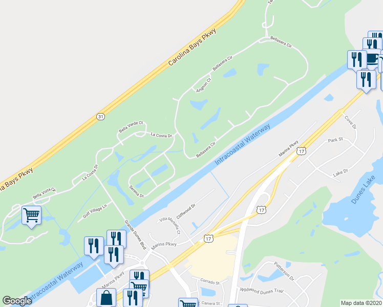 map of restaurants, bars, coffee shops, grocery stores, and more near 9870 Bellasera Circle in Myrtle Beach