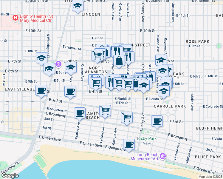 map of restaurants, bars, coffee shops, grocery stores, and more near 453 Gaviota Avenue in Long Beach