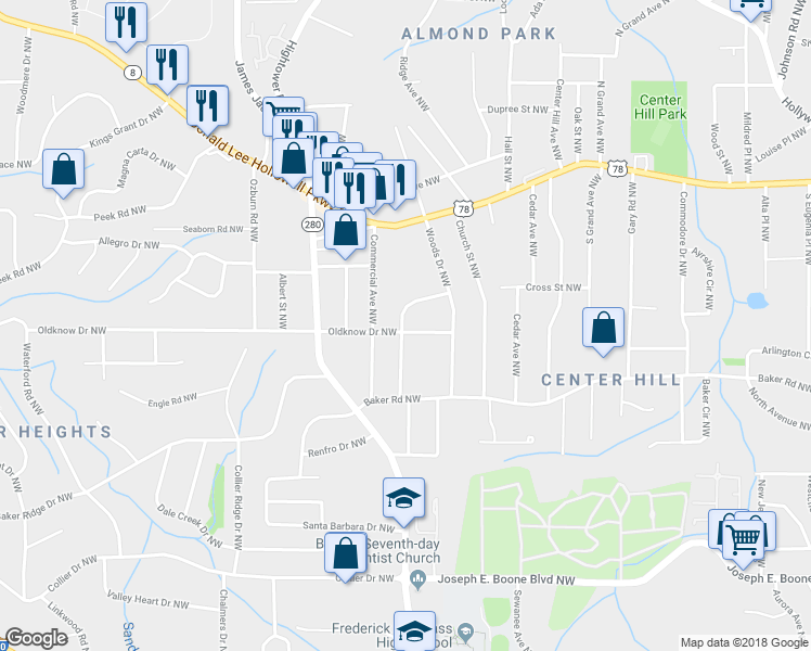map of restaurants, bars, coffee shops, grocery stores, and more near 2529 Oldknow Drive Northwest in Atlanta