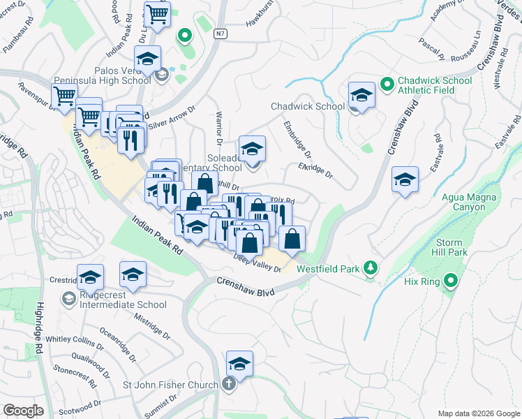 map of restaurants, bars, coffee shops, grocery stores, and more near 5046 Golden Arrow Drive in Rancho Palos Verdes