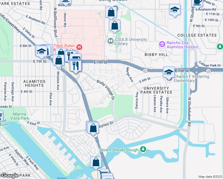 map of restaurants, bars, coffee shops, grocery stores, and more near 421 Burlington Court in Long Beach