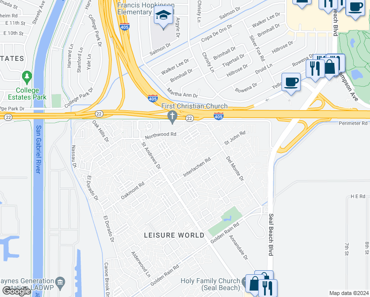 map of restaurants, bars, coffee shops, grocery stores, and more near 13151 Shawnee Lane in Seal Beach