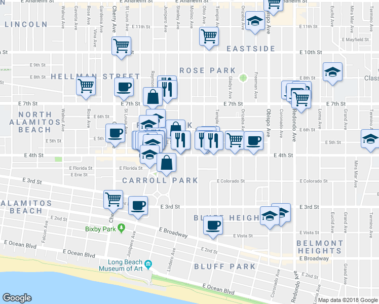 map of restaurants, bars, coffee shops, grocery stores, and more near 2517 East 4th Street in Long Beach