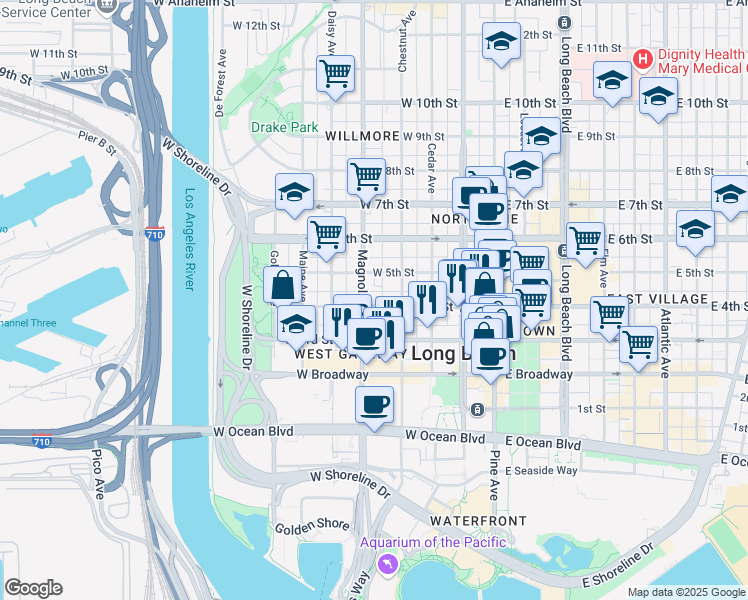 map of restaurants, bars, coffee shops, grocery stores, and more near 447 West 4th Street in Long Beach