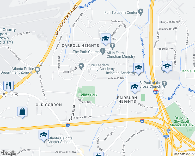 map of restaurants, bars, coffee shops, grocery stores, and more near 3595 Fairburn Place Northwest in Atlanta