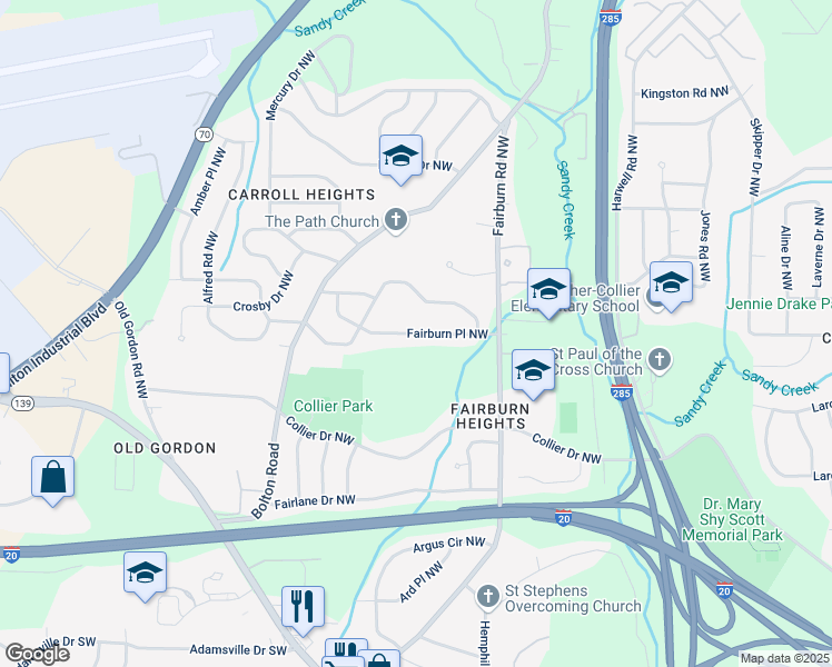 map of restaurants, bars, coffee shops, grocery stores, and more near Fairburn Place Northwest in Atlanta