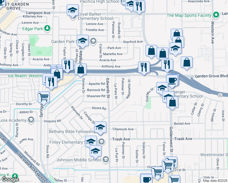 map of restaurants, bars, coffee shops, grocery stores, and more near 13081 La Pata Street in Westminster