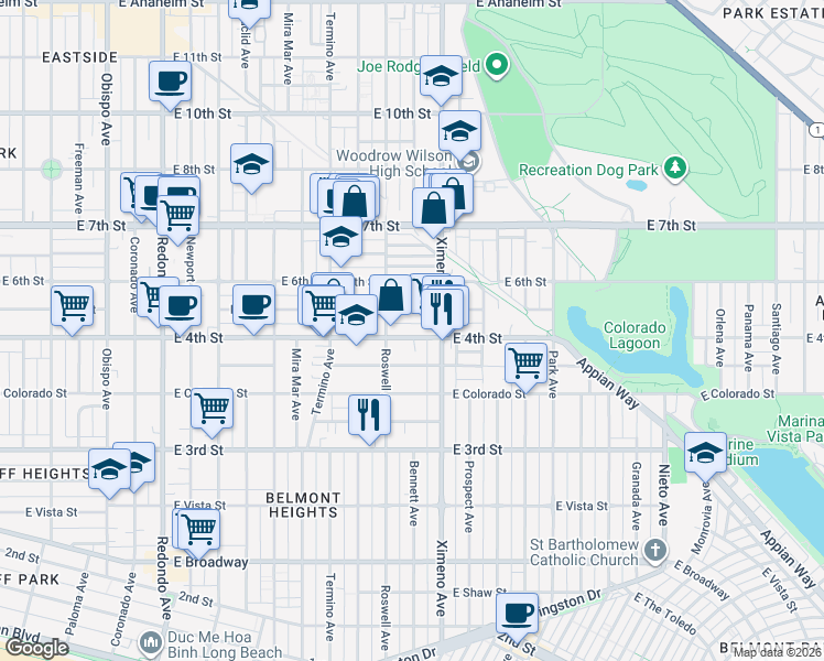 map of restaurants, bars, coffee shops, grocery stores, and more near 4237 East 4th Street in Long Beach