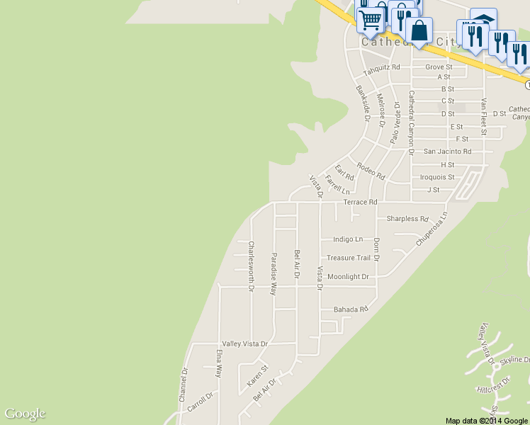 map of restaurants, bars, coffee shops, grocery stores, and more near 38060 Charlesworth Drive in Cathedral City