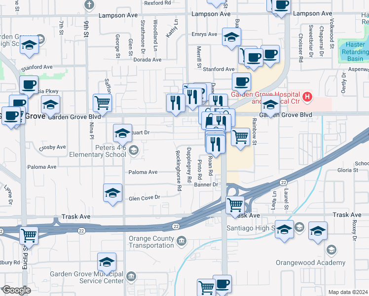 map of restaurants, bars, coffee shops, grocery stores, and more near 11792 Percheron Road in Garden Grove