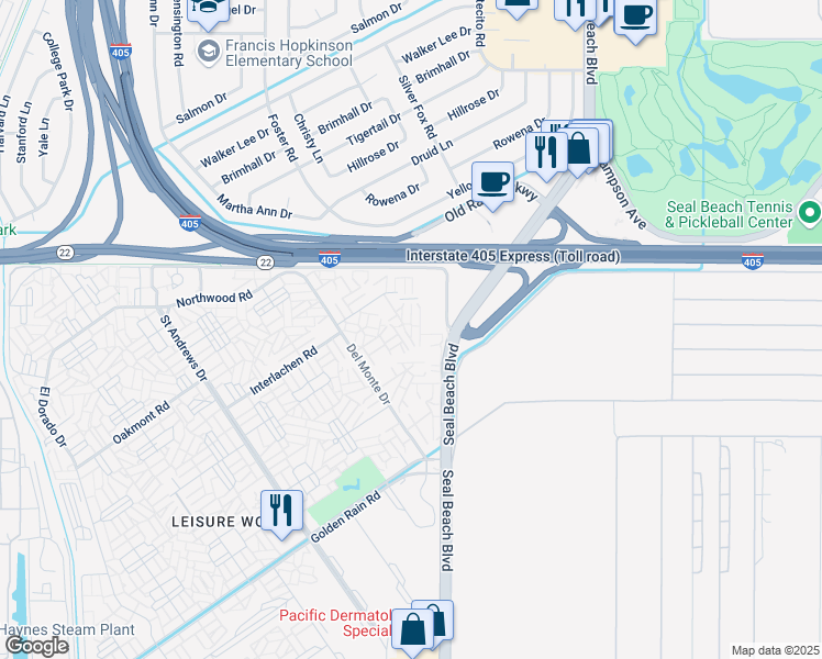 map of restaurants, bars, coffee shops, grocery stores, and more near 3000 North Gate Road in Seal Beach