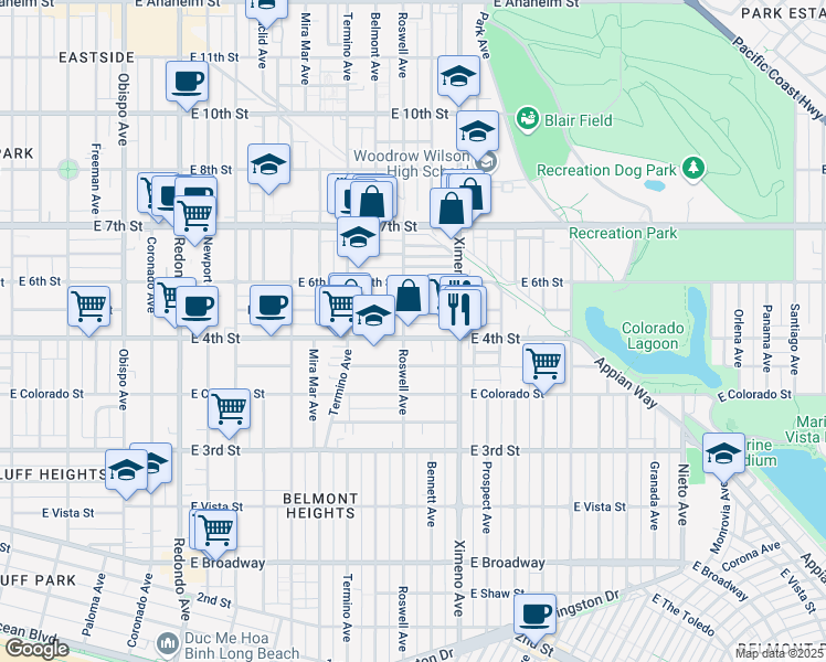 map of restaurants, bars, coffee shops, grocery stores, and more near 4228 East 5th Street in Long Beach