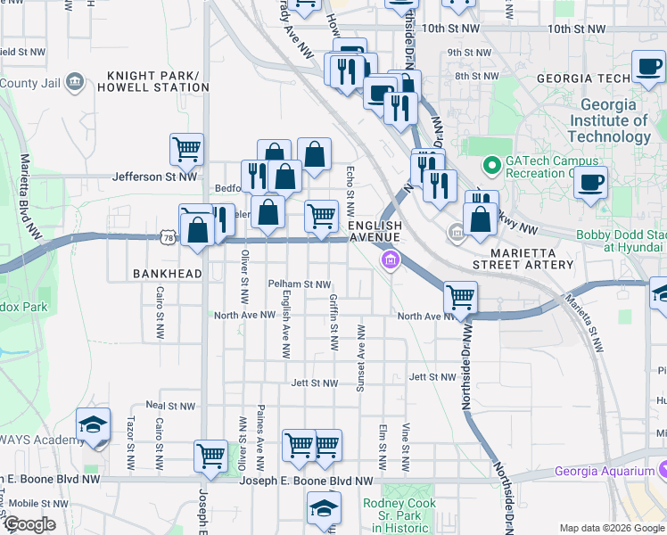 map of restaurants, bars, coffee shops, grocery stores, and more near 633 Griffin Street Northwest in Atlanta