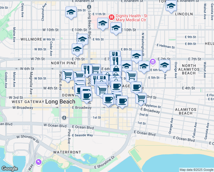 map of restaurants, bars, coffee shops, grocery stores, and more near 437 Linden Avenue in Long Beach