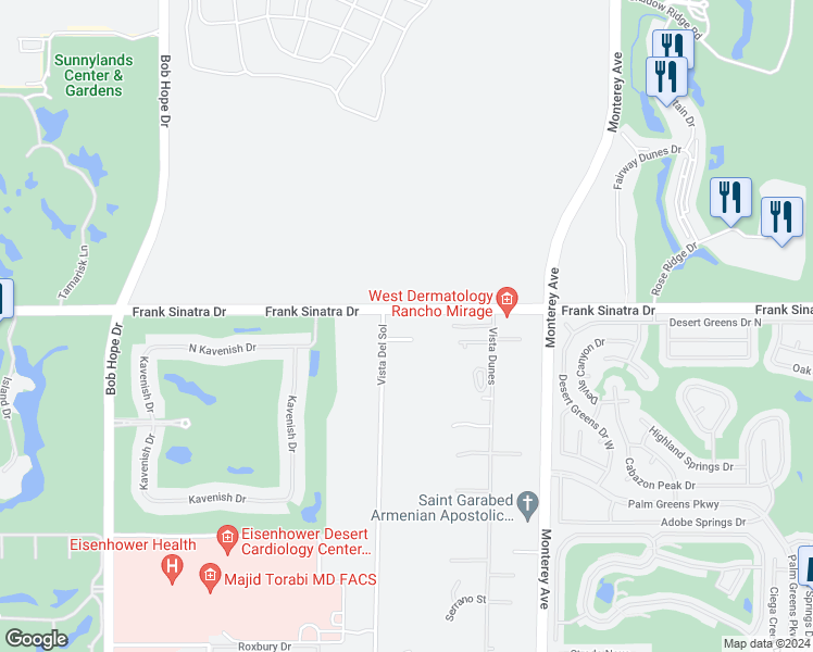 map of restaurants, bars, coffee shops, grocery stores, and more near 72677 Frank Sinatra Drive in Rancho Mirage