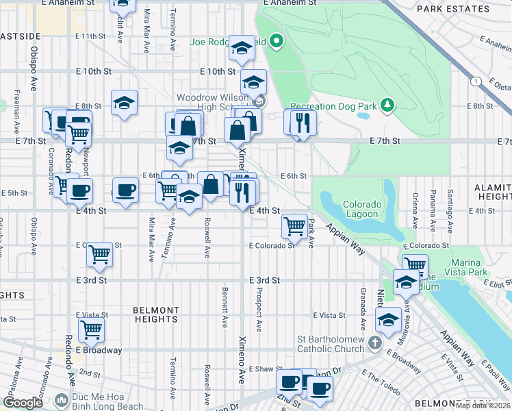 map of restaurants, bars, coffee shops, grocery stores, and more near 4437 East 4th Street in Long Beach