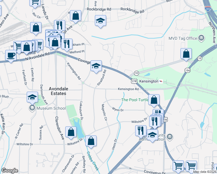 map of restaurants, bars, coffee shops, grocery stores, and more near 3182 Kensington Road in Avondale Estates